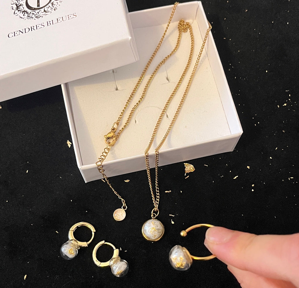 Coffret Boucles & Bague Plume & Feuille d'Or