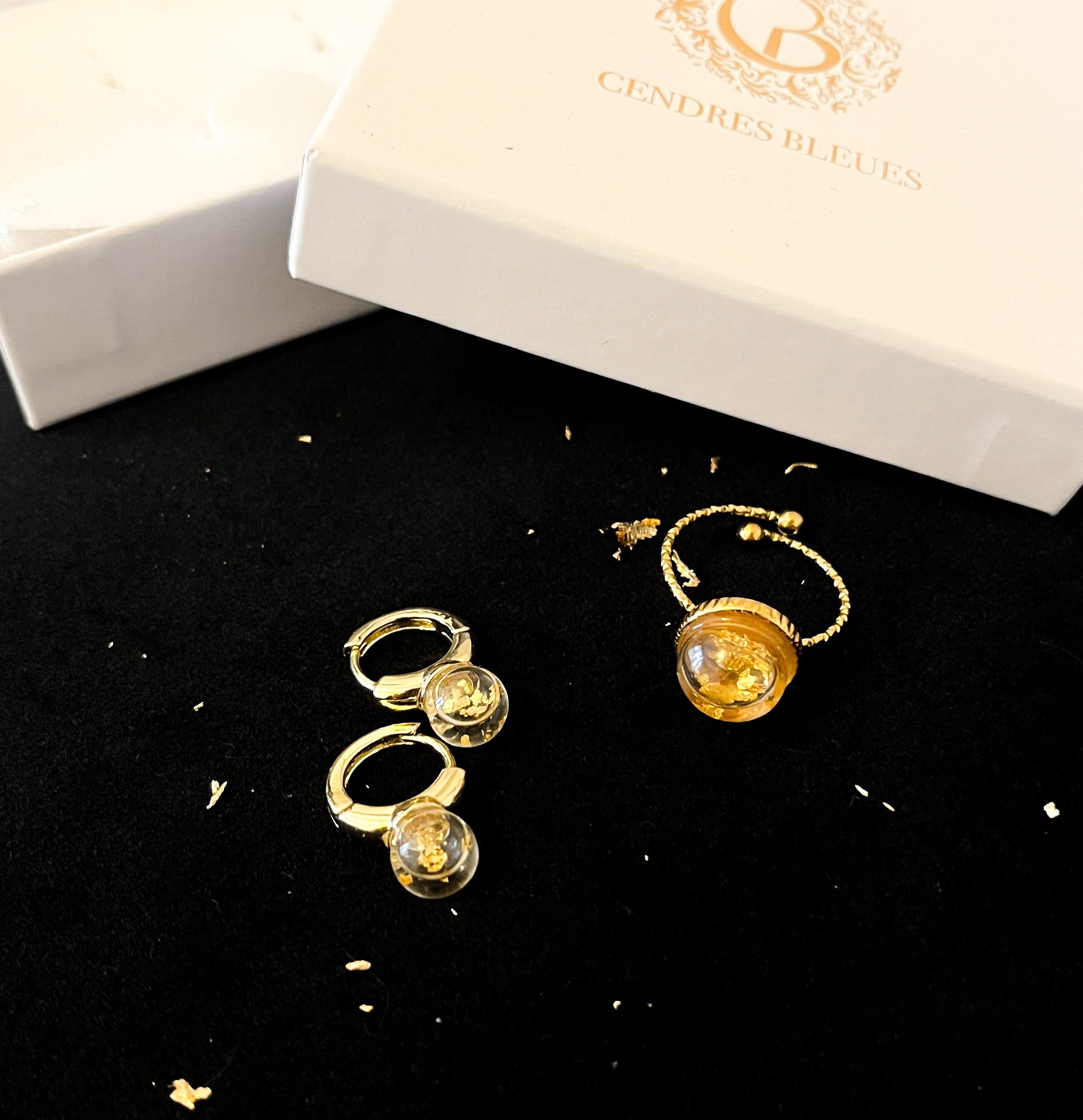 Coffret Boucles & Bague Plume & Feuille d'Or