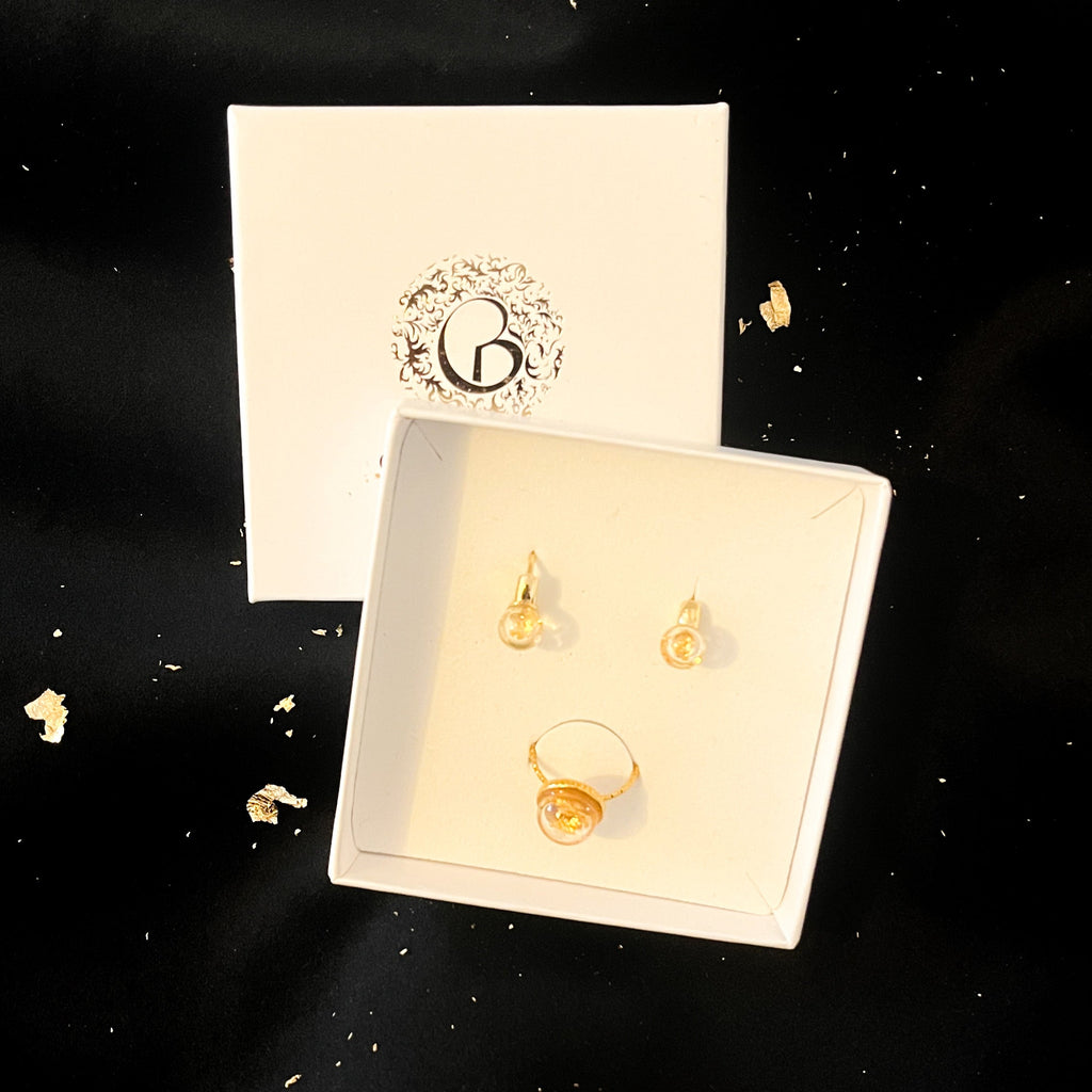 Coffret Boucles & Bague Plume & Feuille d'Or