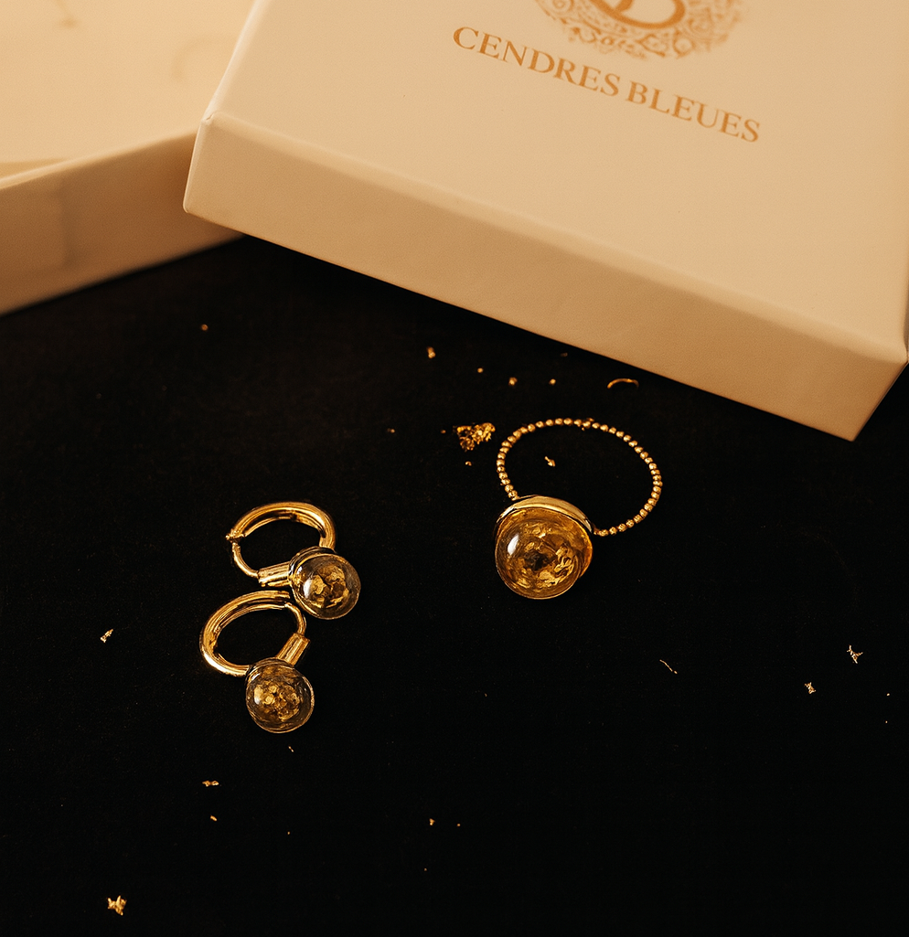 Coffret Boucles & Bague Eau & Feuille d'Or
