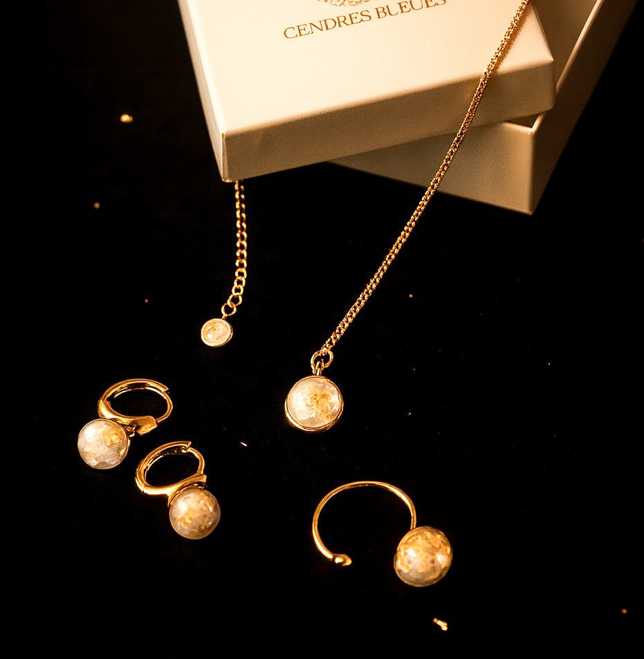 Coffret Boucles & Bague Plume & Feuille d'Or